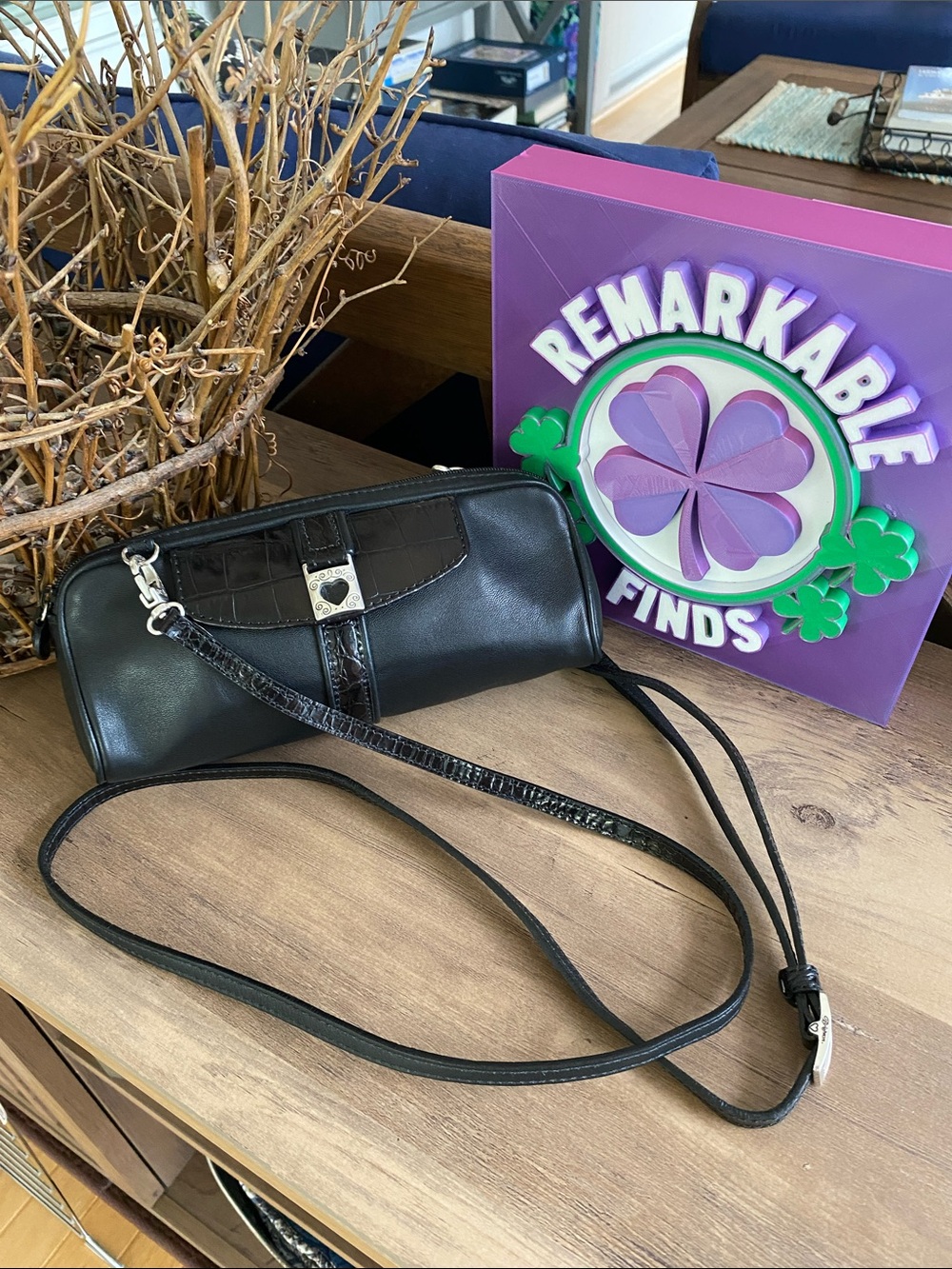 Brighton Vintage Black Crossbody Clutch with Croc-Trim Accent